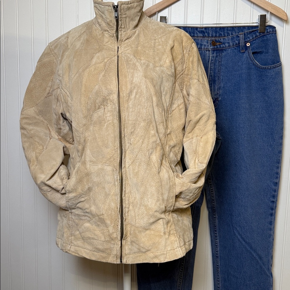 Size M |  boho vtg | Tan | suede leather patchwork | winter | Women's Jacket